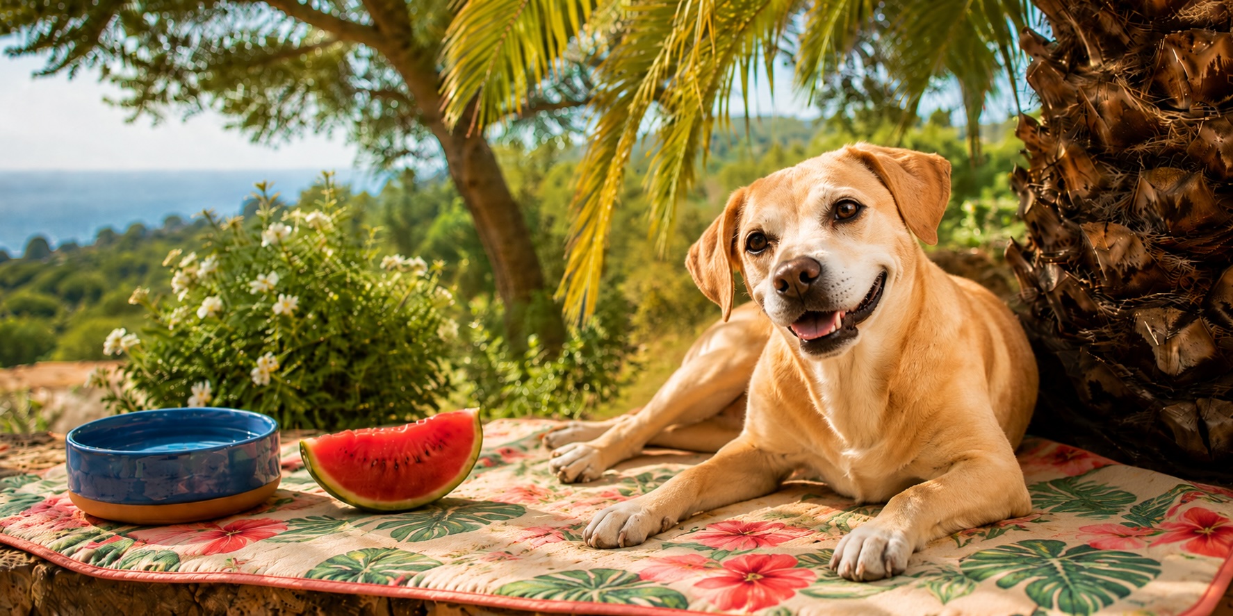 Peach liegt entspannt unter einer Palme mit Melone und Wassernapf – Hundesommer auf Mallorca